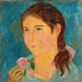 Mädchen, das eine Rose in der Hand hält - Tadeusz Makowski — in einem Innenraum präsentiert