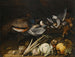 Naturstillleben mit singenden Vögeln, einem Pfau und Kaninchen auf einem Sims mit Kürbis, Kohl, Blumenkohl, Sellerie, Pilzen und Trauben - Flämische Schule — Ansicht des Kunstwerks