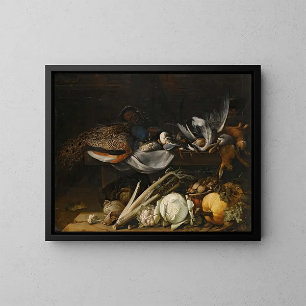 Naturstillleben mit singenden Vögeln, einem Pfau und Kaninchen auf einem Sims mit Kürbis, Kohl, Blumenkohl, Sellerie, Pilzen und Trauben - Flämische Schule — gerahmtes Bild an der Wand