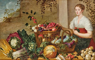 Flemish School - A Young Woman Next To A Table With Fruit In Baskets And Vegetables.webp