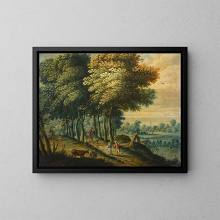 Landschaft mit Bäumen und Figuren - Flämische Schule — gerahmtes Bild an der Wand