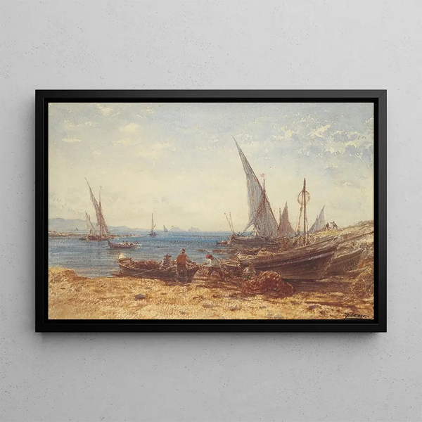 Fischer und Boote am Wasserufer - Félix Ziem — gerahmtes Bild an der Wand