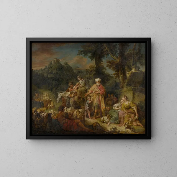 Jacob und seine Familie auf dem Weg nach Ägypten - Schule von François Boucher — gerahmtes Bild an der Wand