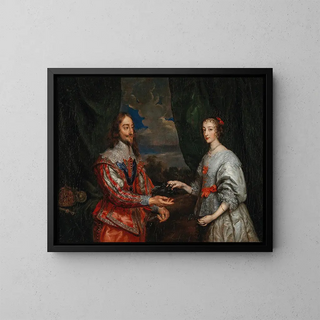 Portrait des Königs Karl I. und Königin Marie Henriette - Schule von Antoine van Dyck — gerahmtes Bild an der Wand