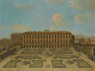 Ansicht eines Palastes, möglicherweise das Palacio Riofrío in Ségovie, mit Figuren, die in den französischen Gärten spazieren - Schule von Francesco Battaglioli — Ansicht des Kunstwerks
