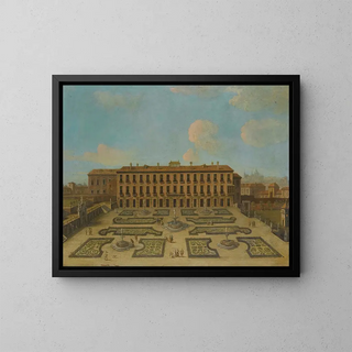 Ansicht eines Palastes, möglicherweise das Palacio Riofrío in Ségovie, mit Figuren, die in den französischen Gärten spazieren - Schule von Francesco Battaglioli — gerahmtes Bild an der Wand