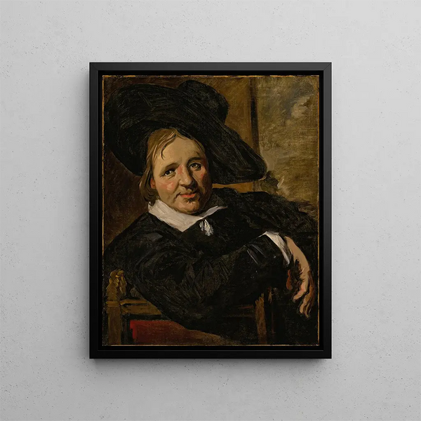 Portrait eines sitzenden Mannes mit Hut - Schule von Frans Hals — gerahmtes Bild an der Wand