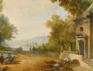 Figuren auf einer Terrasse mit Blick auf einen großen See - Schule von Hubert Robert — Ansicht des Kunstwerks