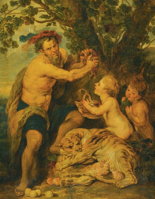 Follower of Peter Paul Rubens - A Drinking Man With Putti And A Tiger.webp