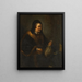 Eine alte Frau mit einer Geldbörse und Münzen an einem Tisch Allegorie der Geiz - Schule von Rembrandt van Rijn — gerahmtes Bild an der Wand