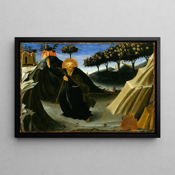 Saint Antoine Abt, der vor der Goldmasse flieht - Fra Angelico — gerahmtes Bild an der Wand