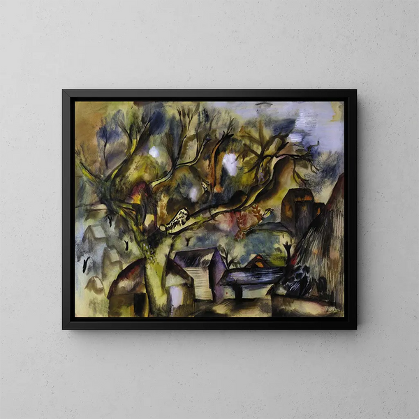 Szenen auf dem Bauernhof bei Dämmerung - Frances Hodgkins — gerahmtes Bild an der Wand