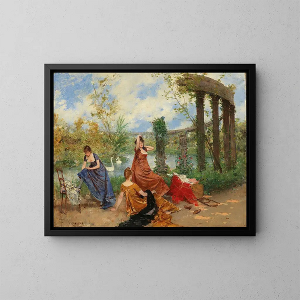 Damen in der Nähe des Parkteichs - Francesc Miralles i Galaup — gerahmtes Bild an der Wand