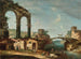 Landschafts-Kunstdruck mit klassischen Ruinen und Figuren in der Nähe eines Flusses, eine Brücke in der Ferne - Francesco Albotto — Ansicht des Kunstwerks