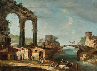 Landschafts-Kunstdruck mit klassischen Ruinen und Figuren in der Nähe eines Flusses, eine Brücke in der Ferne - Francesco Albotto — Ansicht des Kunstwerks