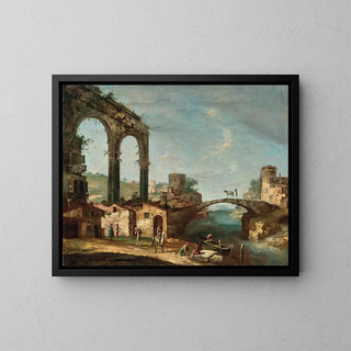 Landschafts-Kunstdruck mit klassischen Ruinen und Figuren in der Nähe eines Flusses, eine Brücke in der Ferne - Francesco Albotto — gerahmtes Bild an der Wand