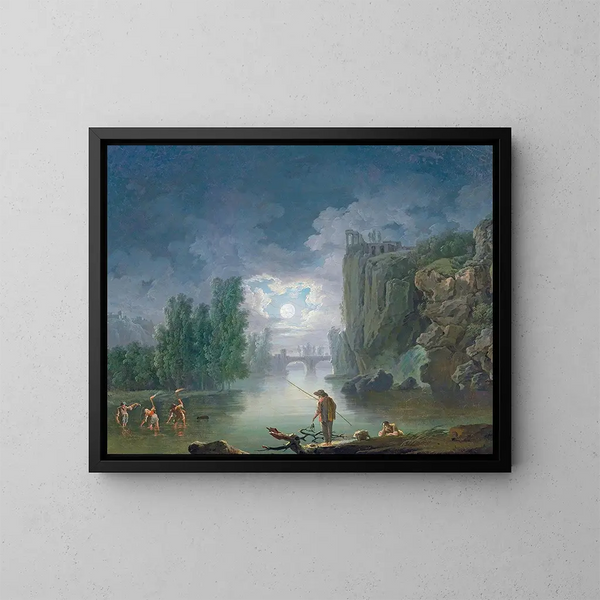 Ein Flusslandschaft bei Mondschein mit Fischern, die bei Fackellicht arbeiten, im Hintergrund rechts der Tempel der Vesta - Francesco Fidanza — gerahmtes Bild an der Wand