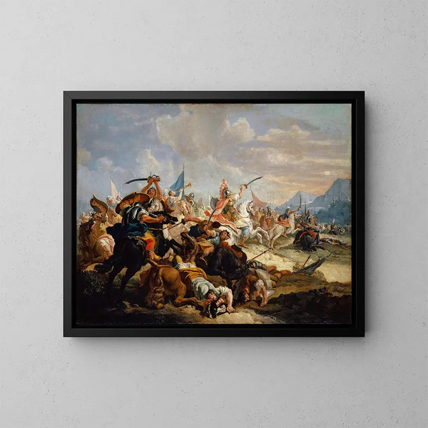 Josué lässt die Sonne im Kampf gegen die Amoriter anhalten - Francesco Fontebasso — gerahmtes Bild an der Wand