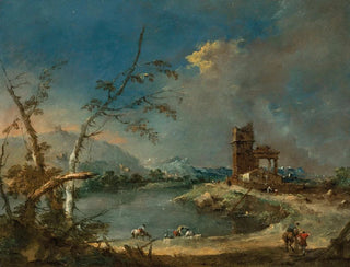 Ein Laune eines rustikalen Turms am Seeufer - Francesco Guardi — Ansicht des Kunstwerks