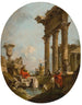 Ein architektonischer Laune mit Figuren unter klassischen Ruinen Ein Tempel darüber hinaus - Francesco Guardi — Ansicht des Kunstwerks