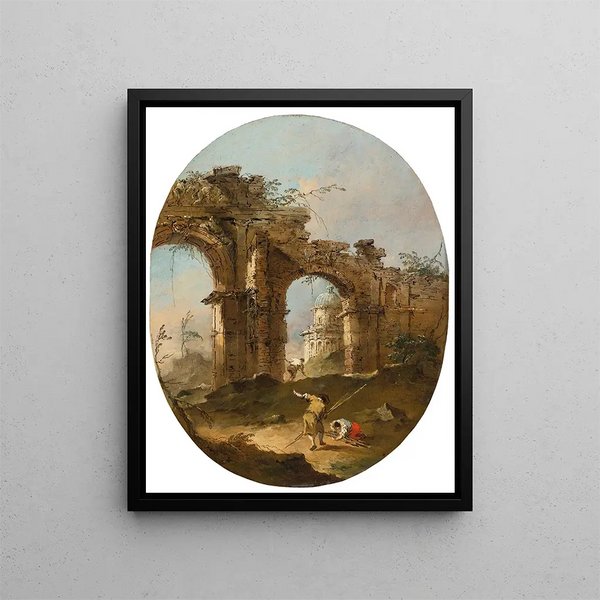 eines architektonischen Caprice mit Figuren in der Nähe eines verfallenen Bogens - Francesco Guardi — gerahmtes Bild an der Wand