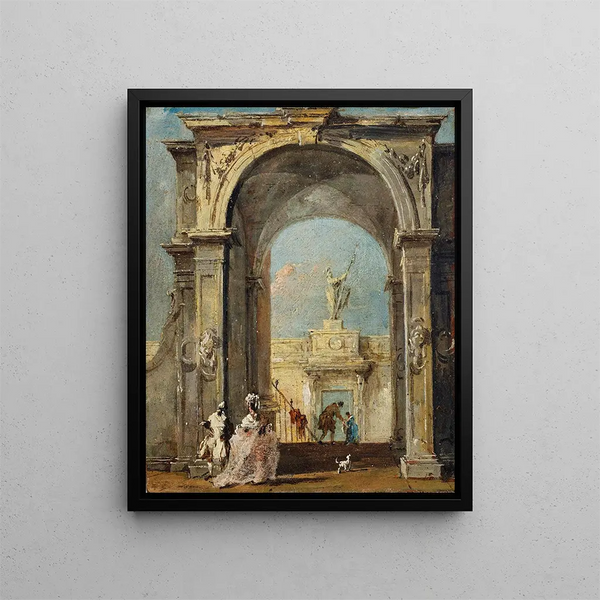 Ein architektonischer Laune mit elegant gekleideten Figuren und einem Hund am Eingang eines Palastes - Francesco Guardi — gerahmtes Bild an der Wand