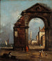 Caprice mit triumphalem Bogen in Ruine und Landschaft am Lagunenufer - Francesco Guardi — Ansicht des Kunstwerks
