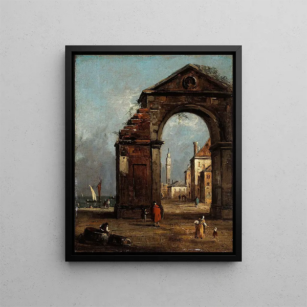 Caprice mit triumphalem Bogen in Ruine und Landschaft am Lagunenufer - Francesco Guardi — gerahmtes Bild an der Wand