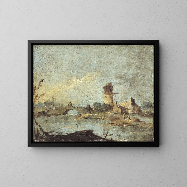 Rustikaler Caprice-Gemälde mit einer Brücke und einem verfallenen Turm - Francesco Guardi — gerahmtes Bild an der Wand