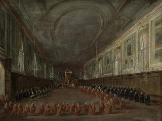 Der Papst Pius VI. steigt vom Thron, um sich in der Sala dei SS Giovanni e Paolo 1782 von dem Dogen zu verabschieden - Francesco Guardi — Ansicht des Kunstwerks
