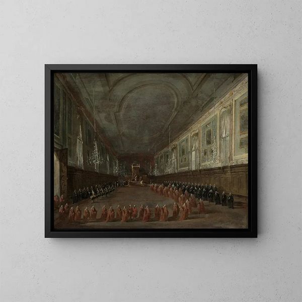 Der Papst Pius VI. steigt vom Thron, um sich in der Sala dei SS Giovanni e Paolo 1782 von dem Dogen zu verabschieden - Francesco Guardi — gerahmtes Bild an der Wand