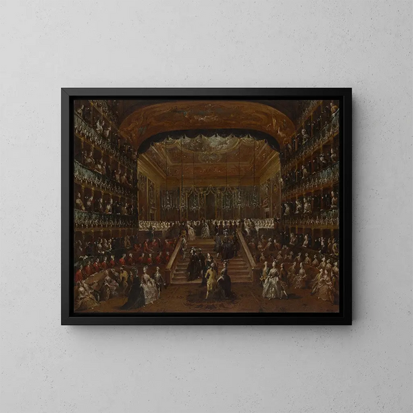 L'intérieur du Teatro San Benedetto à Venise lors du bal de 1782 en l'honneur des Conti del Nord - Francesco Guardi — gerahmtes Bild an der Wand