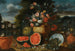 Stillleben mit einer großen Blumenkomposition in einer geschnitzten Steinuhrne mit aufgeschnittenen Wassermelonen, Feigen und Terrakottatöpfen auf dem Gartensboden darunter - Francesco Lavagna — Ansicht des Kunstwerks
