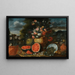 Stillleben mit einer großen Blumenkomposition in einer geschnitzten Steinuhrne mit aufgeschnittenen Wassermelonen, Feigen und Terrakottatöpfen auf dem Gartensboden darunter - Francesco Lavagna — gerahmtes Bild an der Wand