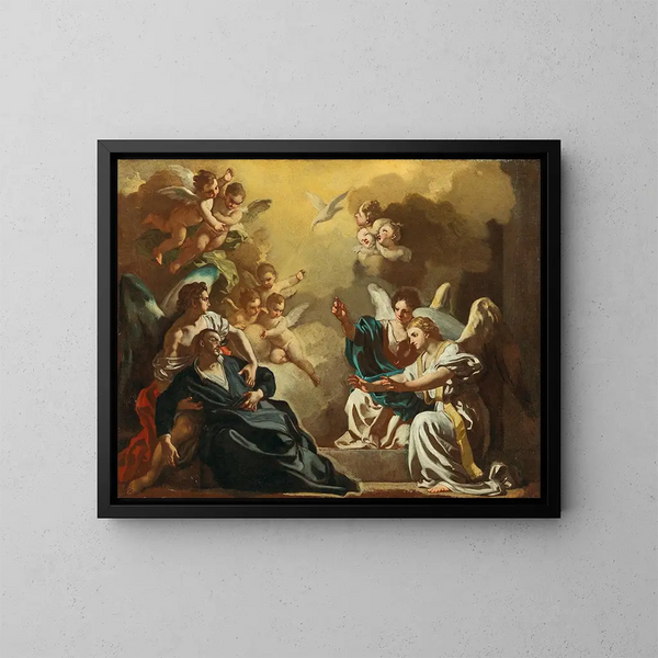 Saint Philippe Neri empfängt den Heiligen Geist in den Katakomben von Saint-Sébastien - Francesco Solimena — gerahmtes Bild an der Wand