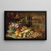 Blumen, Früchte und Gemüse mit Pilzen neben einem Brunnen im Garten einer Villa - Francesco della Questa — gerahmtes Bild an der Wand