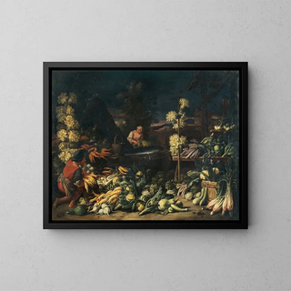 Verkäufer von Früchten in der Nähe eines Brunnens mit Gemüse und Blumen - Francesco della Questa — gerahmtes Bild an der Wand