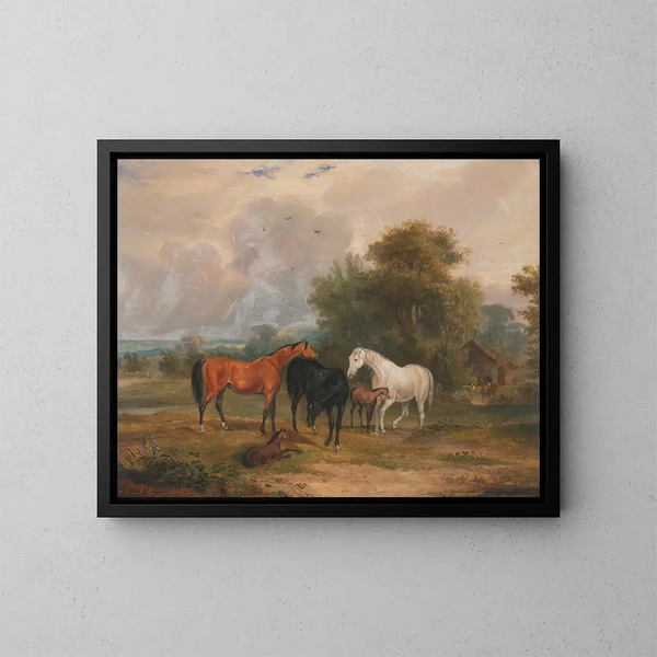 Juments und Fohlen weiden in einem Feld - Francis Calcraft Turner — gerahmtes Bild an der Wand