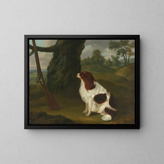 Ein Spaniel und ein Feuersteingewehr in einer Landschaft - Francis Sartorius — gerahmtes Bild an der Wand