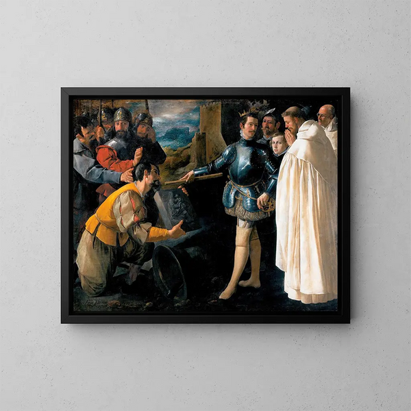 Saint Pierre Nolasque, das Bild der Jungfrau aufnehmend - Francisco de Zurbarán — gerahmtes Bild an der Wand