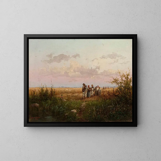 Das Erntearbeiter, die von den Feldern zurückkehren - Franciszek Wąsowski — gerahmtes Bild an der Wand