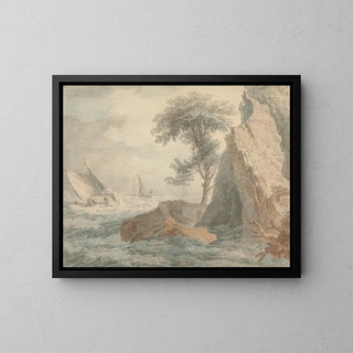Bateaux près d'une côte rocheuse - François Vivares — gerahmtes Bild an der Wand