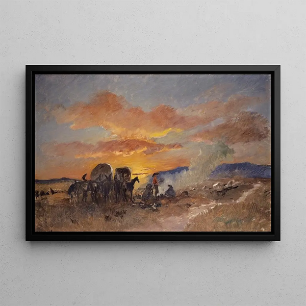 Lagerfeuer bei Sonnenaufgang in den Laramie-Ebenen - Frank Buchser — gerahmtes Bild an der Wand