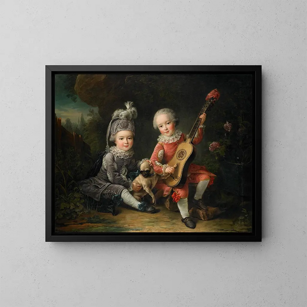 Die Porträts der Kinder von M. de Bthune, die mit einem Hund spielen - François-Hubert Drouais — gerahmtes Bild an der Wand