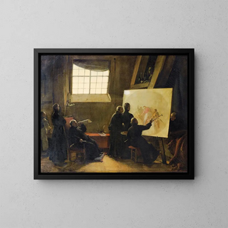 Der Vater Pozzo beim Malen in seinem Atelier, umgeben von Mönchen seines Ordens - François-Marius Granet — gerahmtes Bild an der Wand