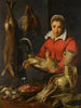Eine Händlerin, die einen Hahn mit Wild, Spargeln, Artischocken, Küchenutensilien und eine Schüssel mit Waldbeeren hält - Frans Snyders — Ansicht des Kunstwerks