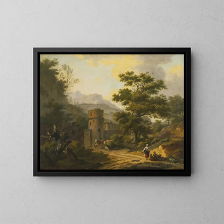 Landschaft mit Bergen und einem Dorf - Frans Swagers — gerahmtes Bild an der Wand