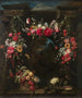 Girlande aus Blumen, Früchten und Gemüse, die eine Landschaft mit einem Flussgott umgeben - Frans Ykens — Ansicht des Kunstwerks