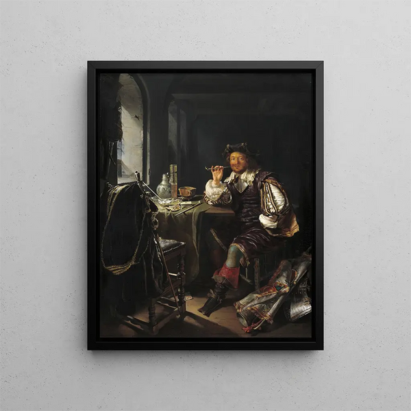 Ein Soldat, der Pfeife raucht - Frans van Mieris der Ältere — gerahmtes Bild an der Wand