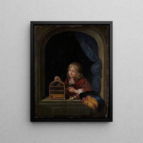 Junge mit einem Vogelkäfig am Fenster - Frans van Mieris der Ältere — gerahmtes Bild an der Wand